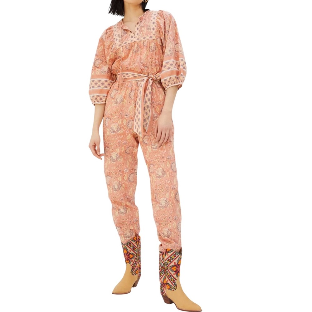 Cleobella Magdalena Jumpsuit  S‎ Peach Block Print Organic Cotton Belted Tassel